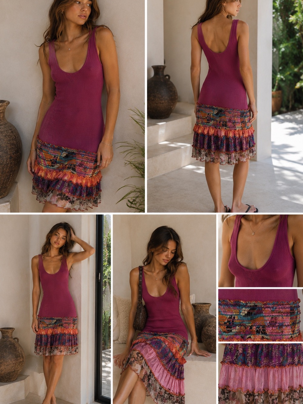 Ginger G Magenta Pink Boho Patchwork Midi Dress Size S